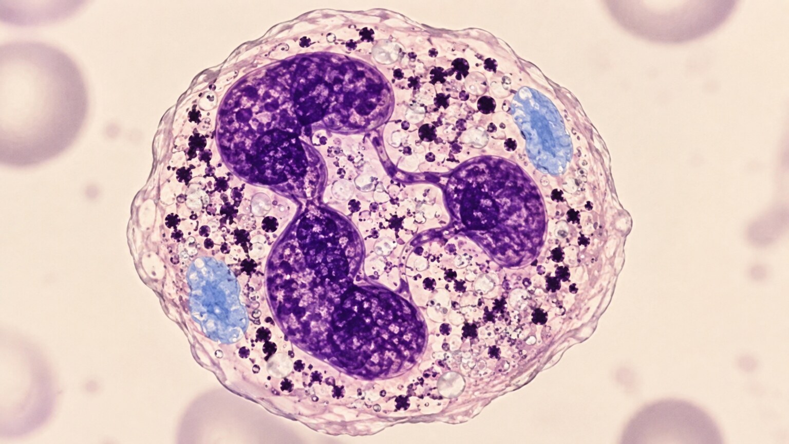 Scientific illustration of a neutrophil showing multiple toxic changes together, including Dohle bodies and cytoplasmic vacuoles