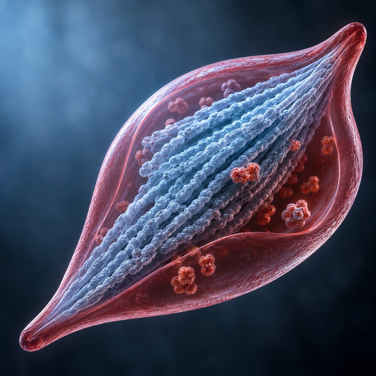 Scientific illustration of hemoglobin S molecules linking into long rigid fibers inside a deoxygenated red blood cell