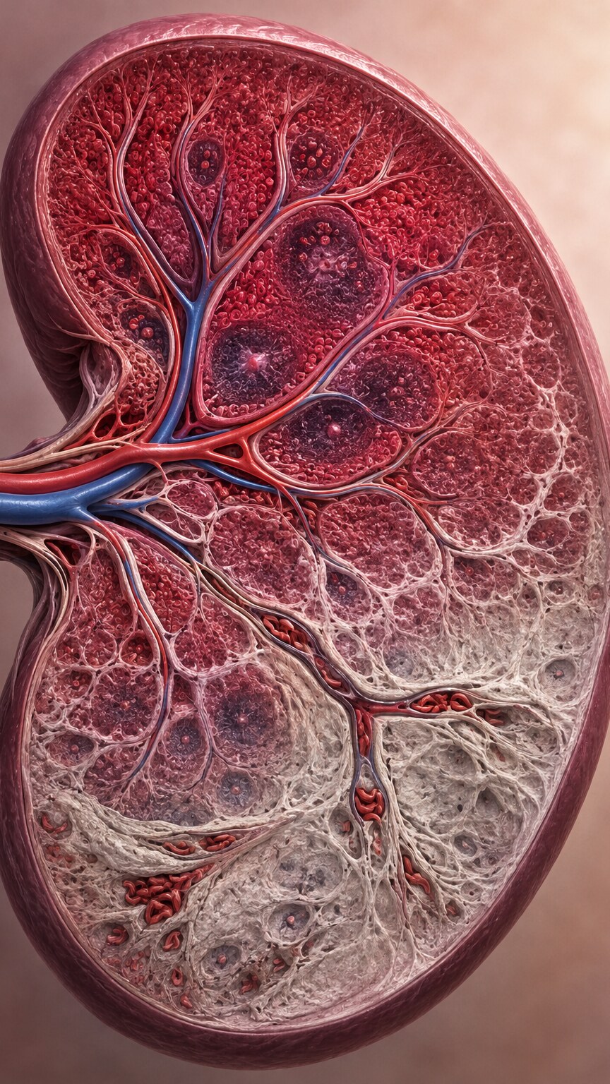 Cross-section illustration of a spleen showing scarred, shrunken tissue from repeated sickle cell blockages