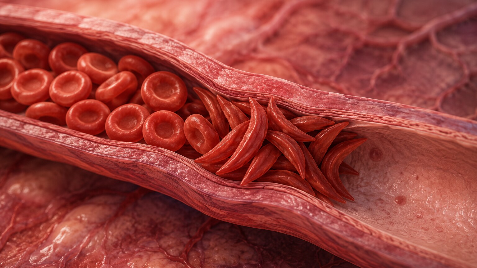 Scientific illustration of rigid crescent-shaped sickle cells jamming together inside a narrow capillary blood vessel