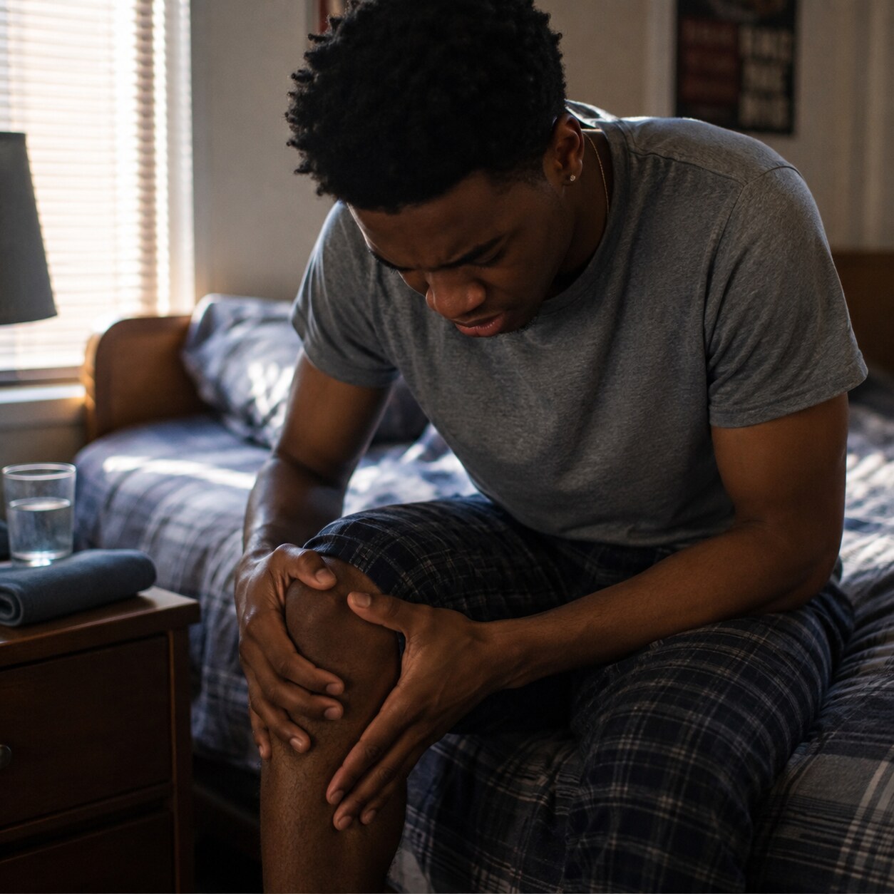 Young man sitting on the edge of a bed at home, gripping his knee during a sickle cell pain crisis
