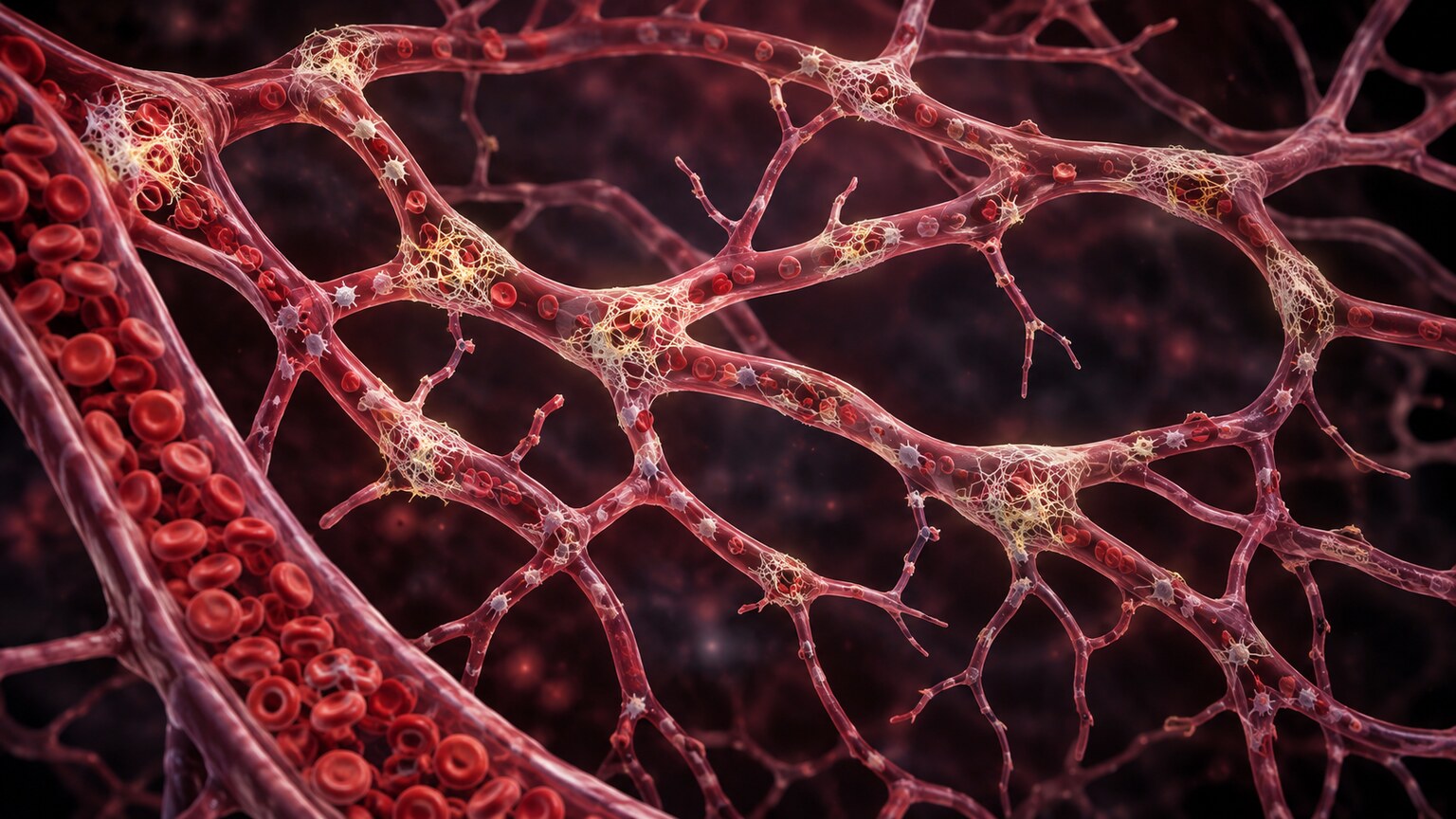 Scientific illustration of tiny fibrin microclots forming throughout a network of small blood vessels, depleting platelets