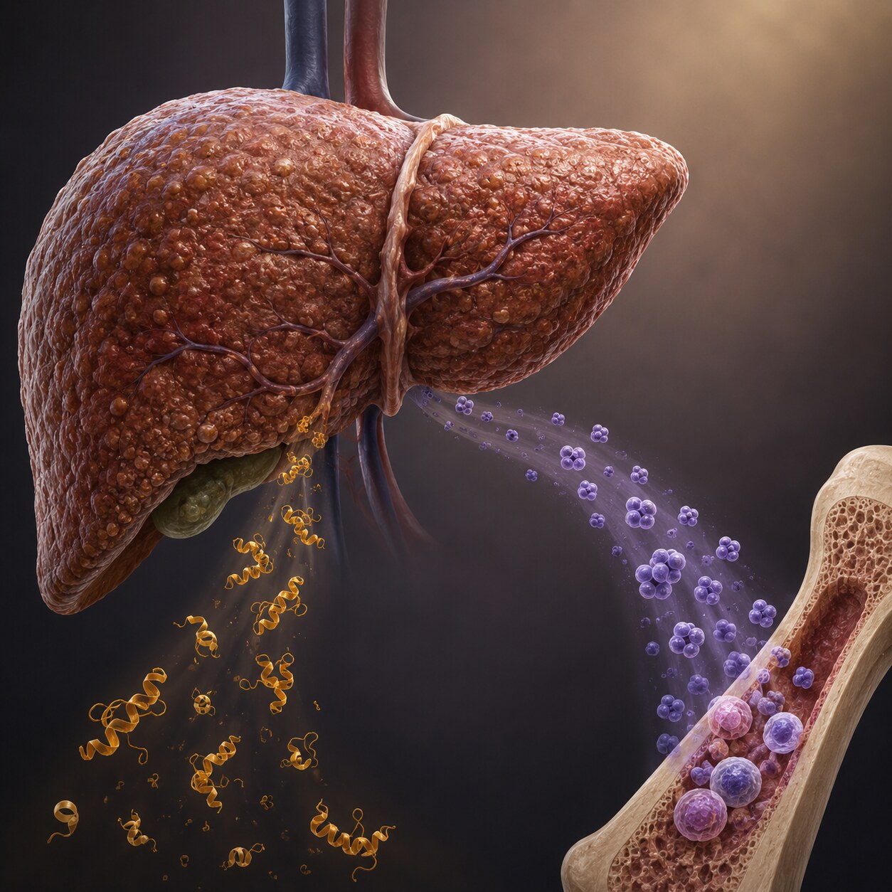 Scientific illustration of a liver simultaneously producing clotting factor proteins and thrombopoietin hormone molecules