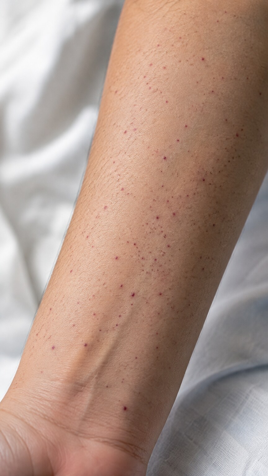 Close-up of small, flat, reddish-purple petechiae spots scattered across the skin of a forearm
