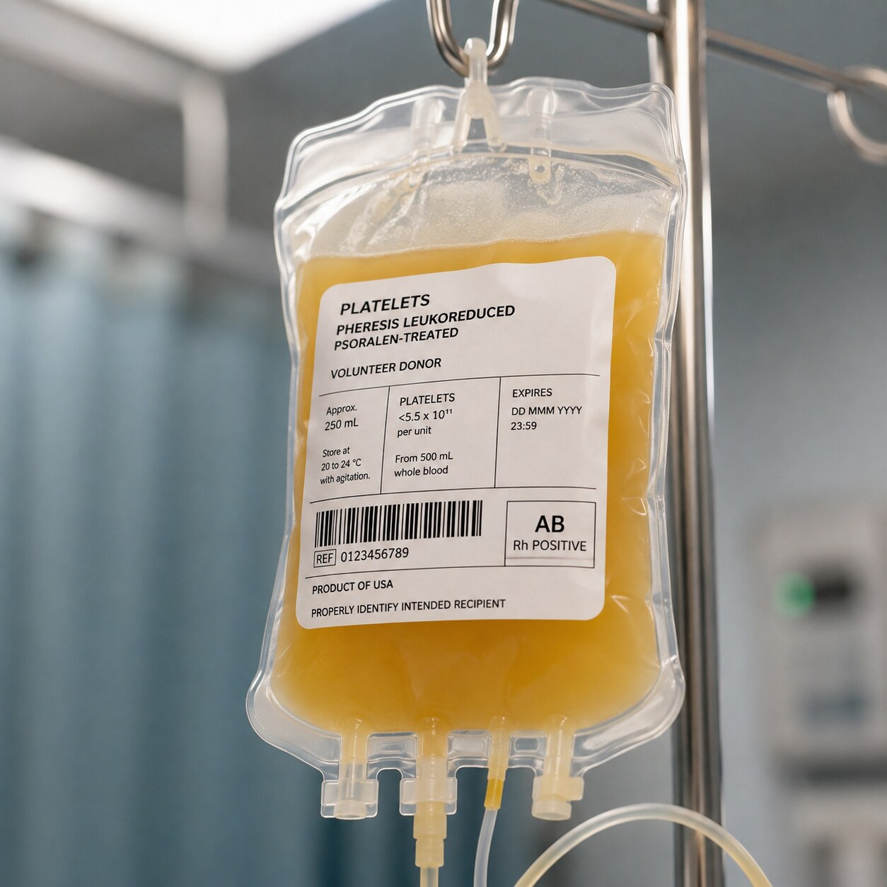Close-up of a hanging platelet transfusion bag with tubing, used to replace consumed platelets