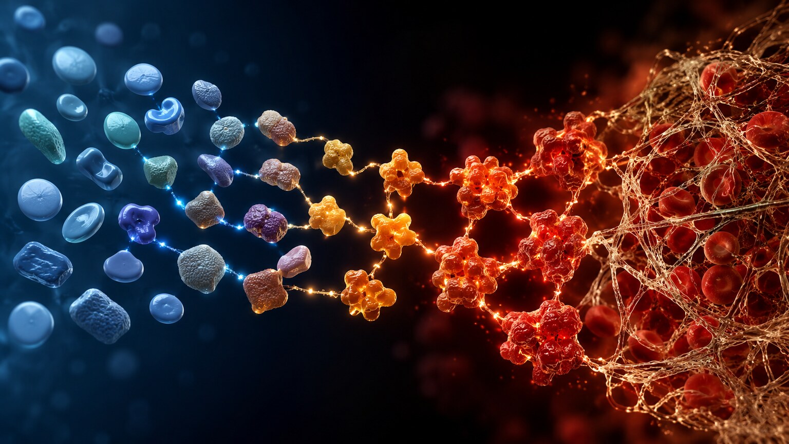 Scientific illustration of a sequential chain of blood clotting factor proteins activating one another to form a fibrin clot
