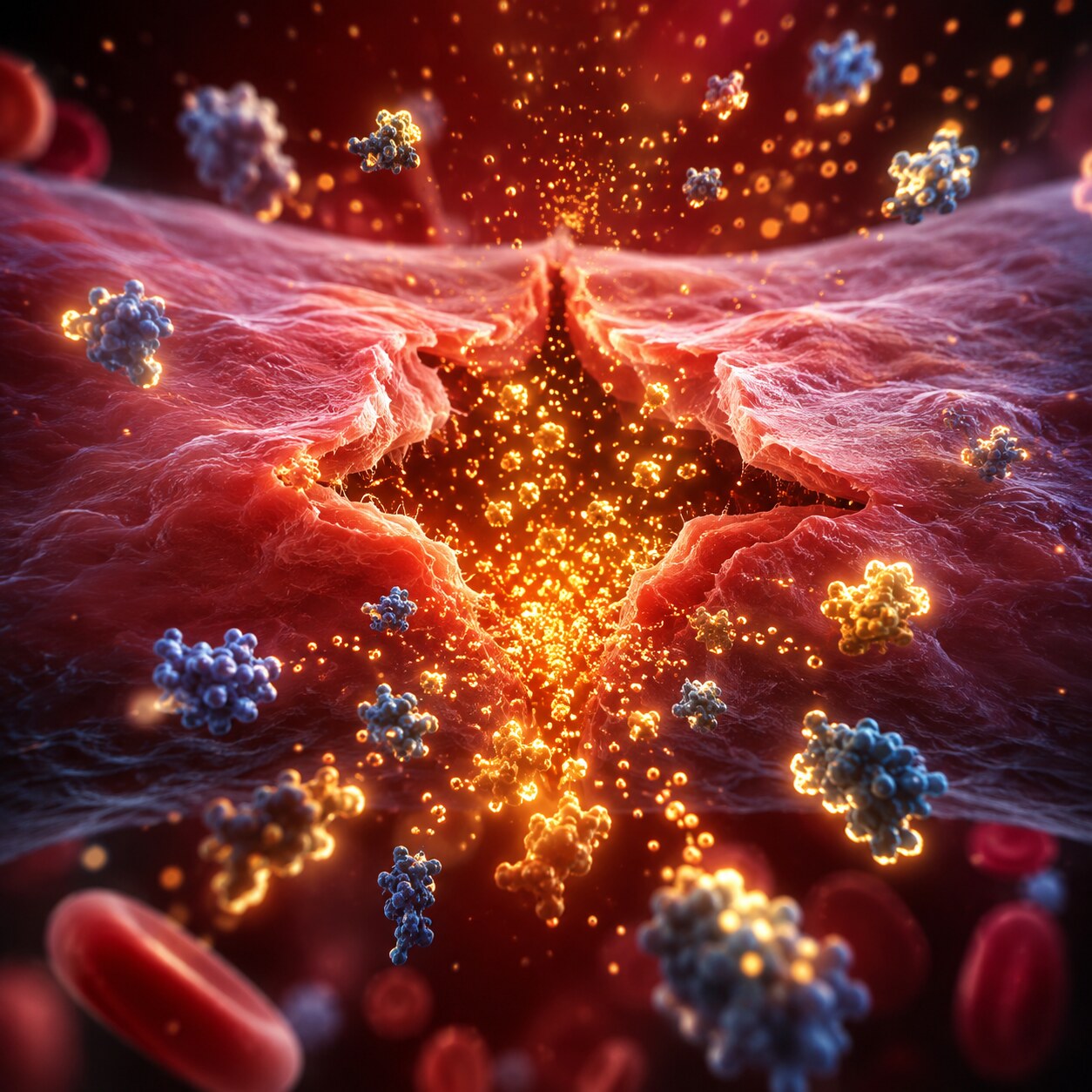 Scientific illustration of tissue factor released from damaged vessel wall tissue triggering the extrinsic clotting pathway