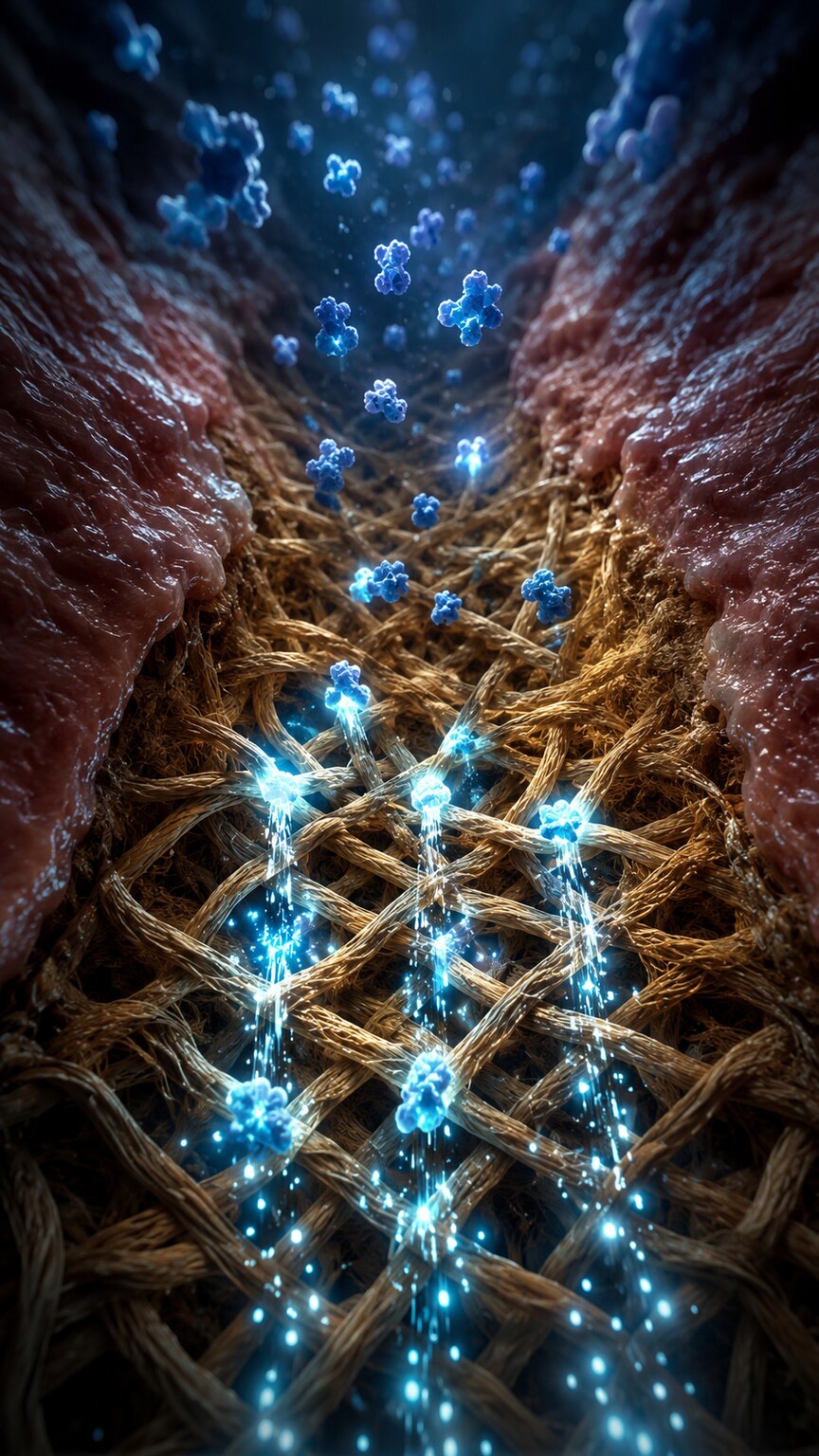 Scientific illustration of blood contacting exposed collagen fibers within a damaged vessel wall, triggering the intrinsic clotting pathway