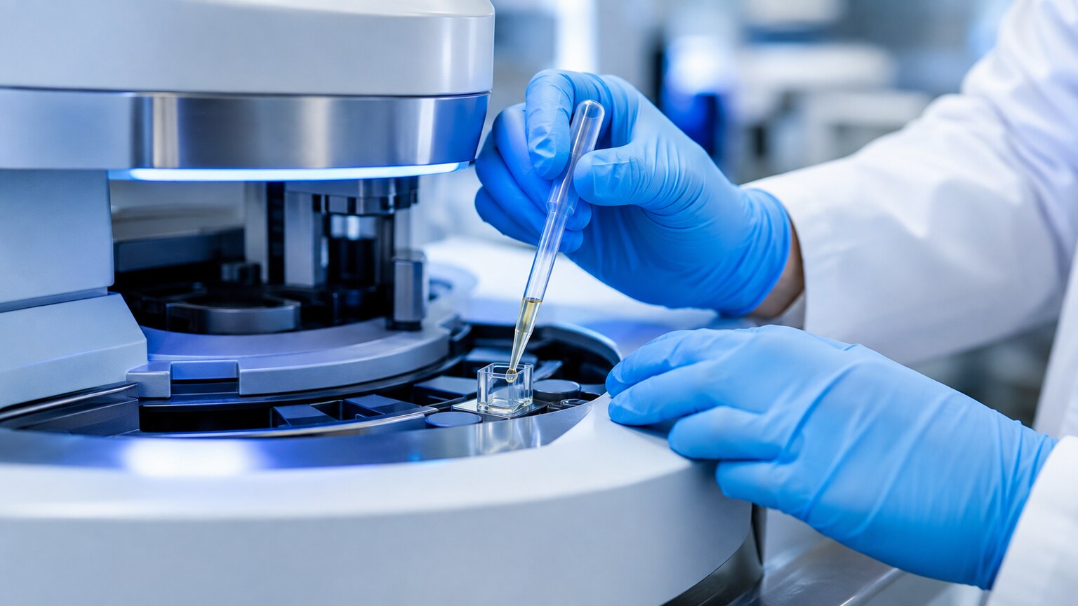 Laboratory technician timing how long a plasma sample takes to clot after activating reagents are added, using a coagulation analyzer