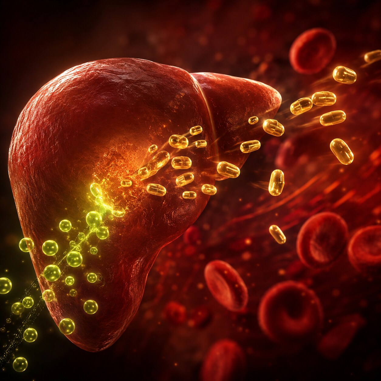Scientific illustration of vitamin K molecules enabling liver cells to complete the synthesis of functional clotting factor proteins