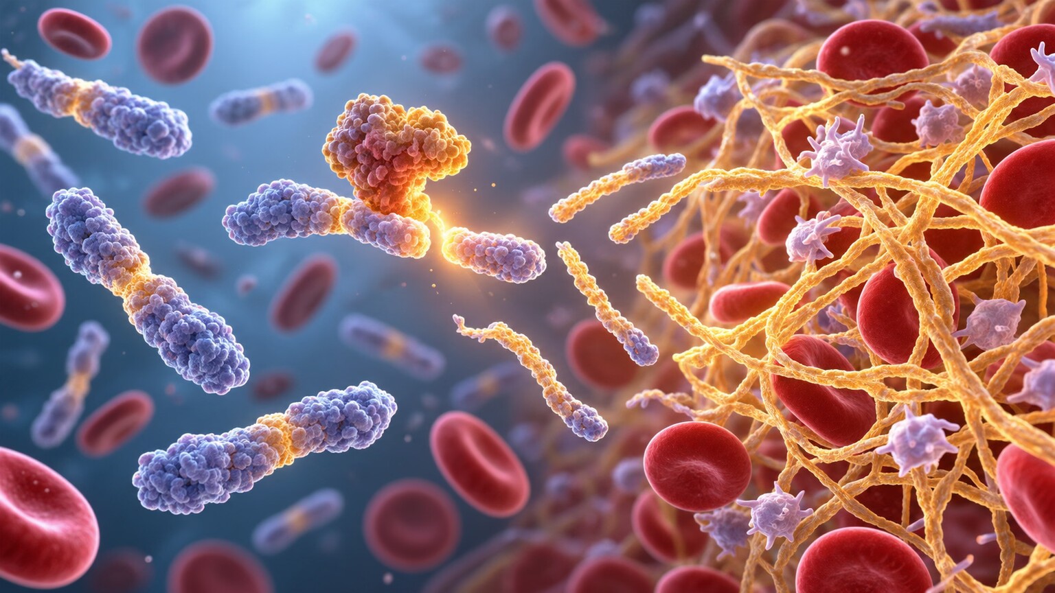 Scientific illustration of dissolved fibrinogen protein molecules converting into a woven fibrin mesh that traps blood cells to form a clot