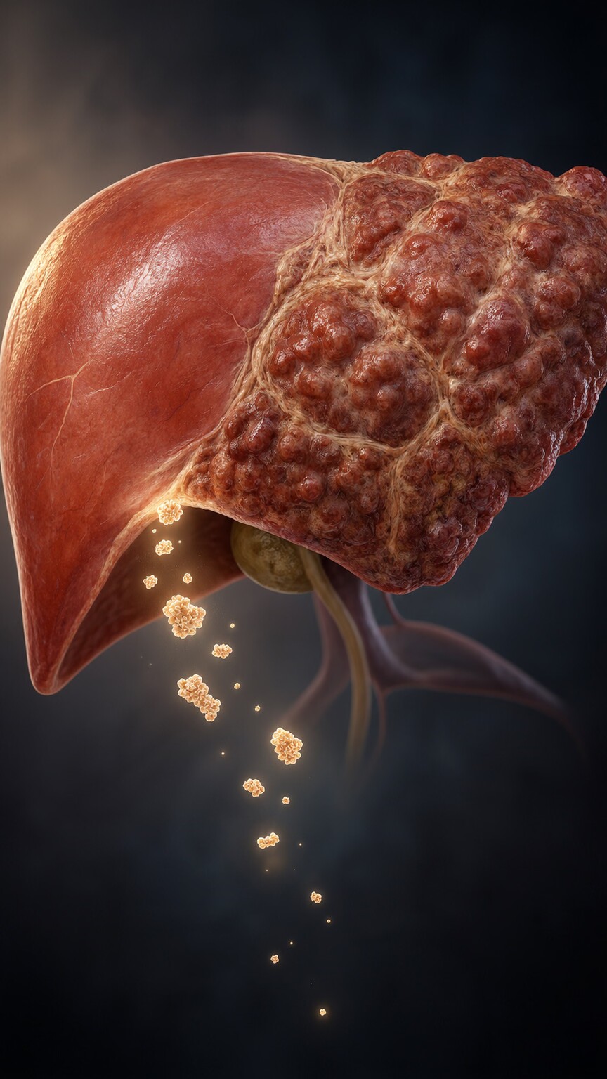Scientific cross-section illustration of a scarred, cirrhotic liver with visibly reduced capacity to synthesize fibrinogen and other clotting proteins