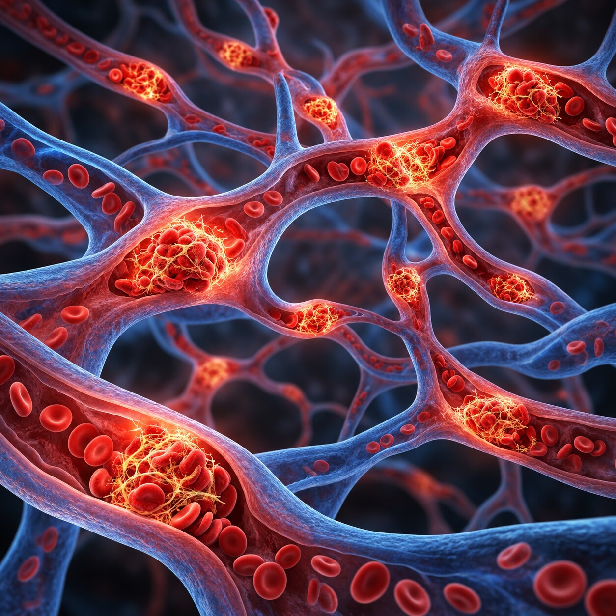 Scientific illustration of widespread microscopic clots forming throughout small blood vessels, rapidly consuming the body's available fibrinogen supply