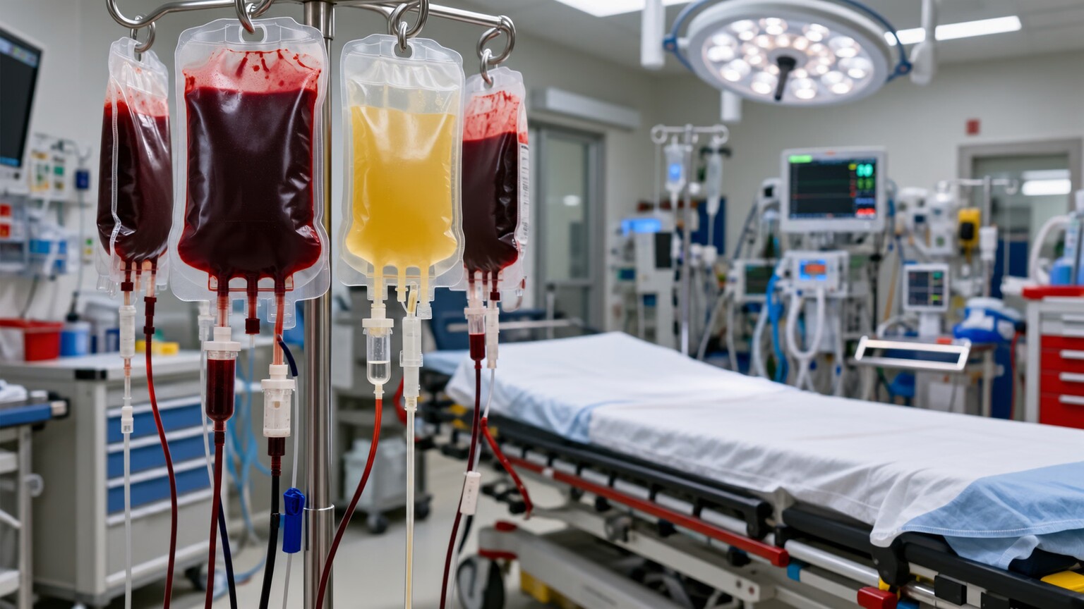 Rows of blood transfusion bags hanging beside a trauma bay stretcher, illustrating the massive transfusion protocol used to replace severe blood loss