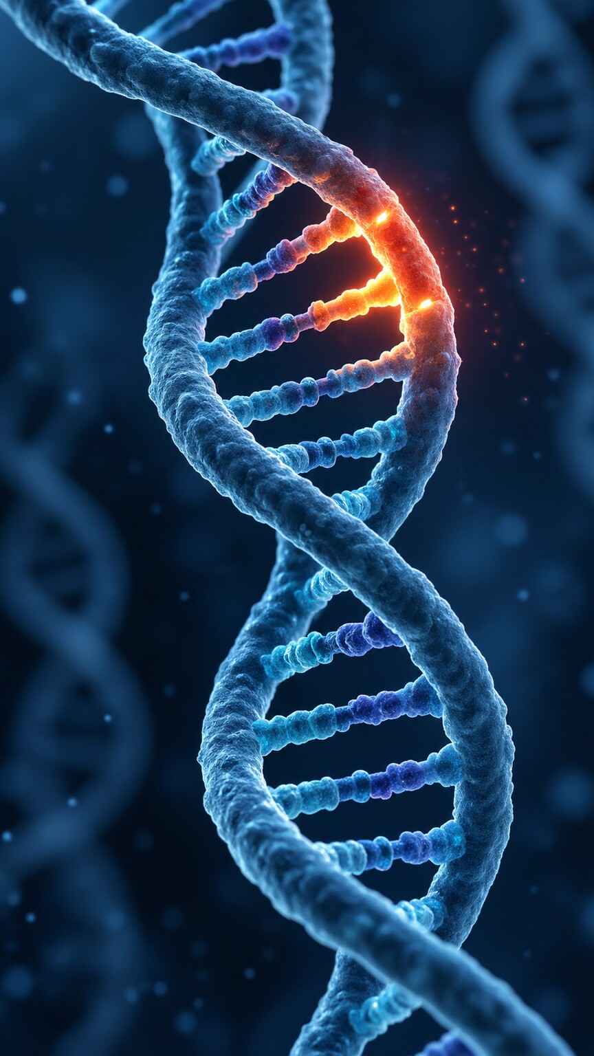 Close-up scientific illustration of a DNA double helix with a highlighted mutation on the gene responsible for manufacturing fibrinogen