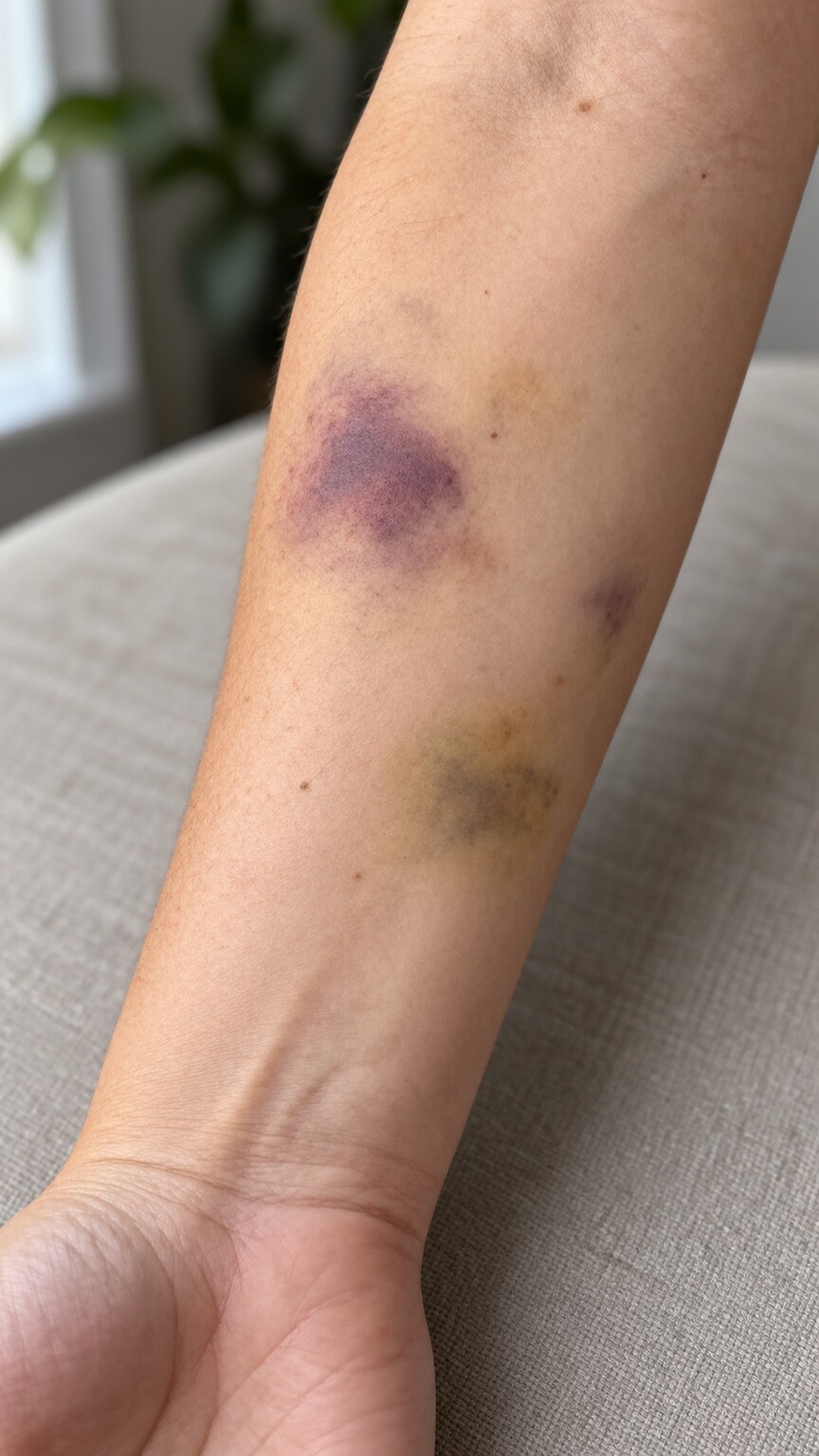 Close-up of unexplained bruising on a forearm, a common visible sign of impaired clot formation associated with low fibrinogen