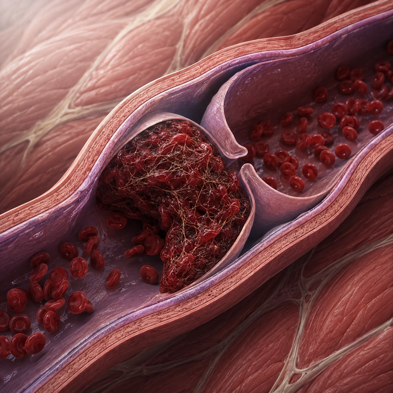 Scientific illustration of a fibrin-rich blood clot growing unchecked inside a deep vein of the leg