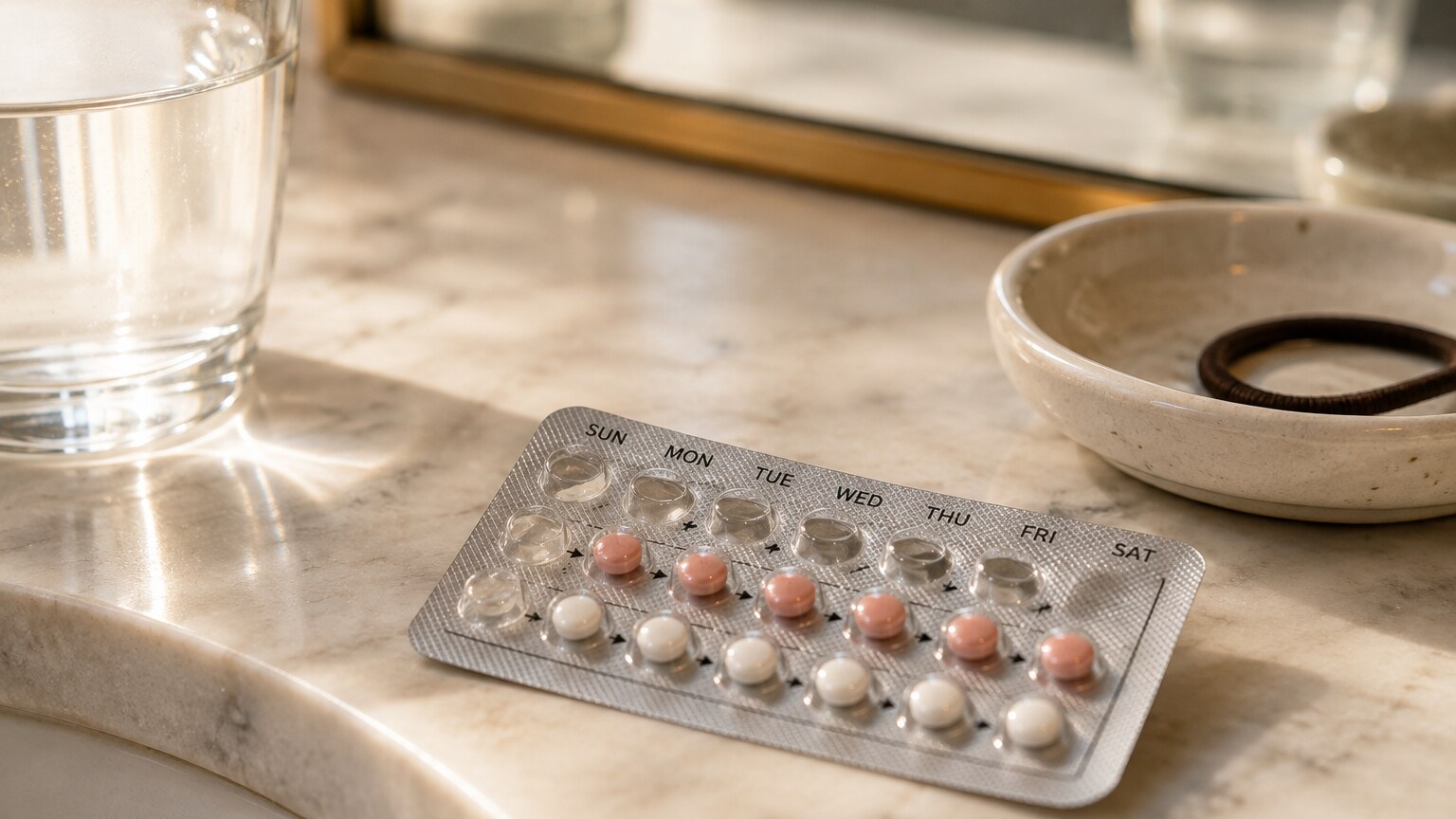 Blister pack of estrogen-containing birth control pills sitting on a bathroom counter next to a glass of water