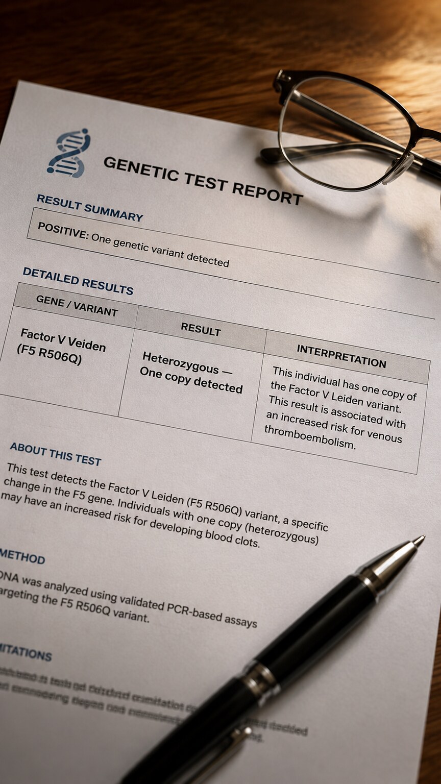 Close-up of a printed genetic test report showing a heterozygous Factor V Leiden mutation result