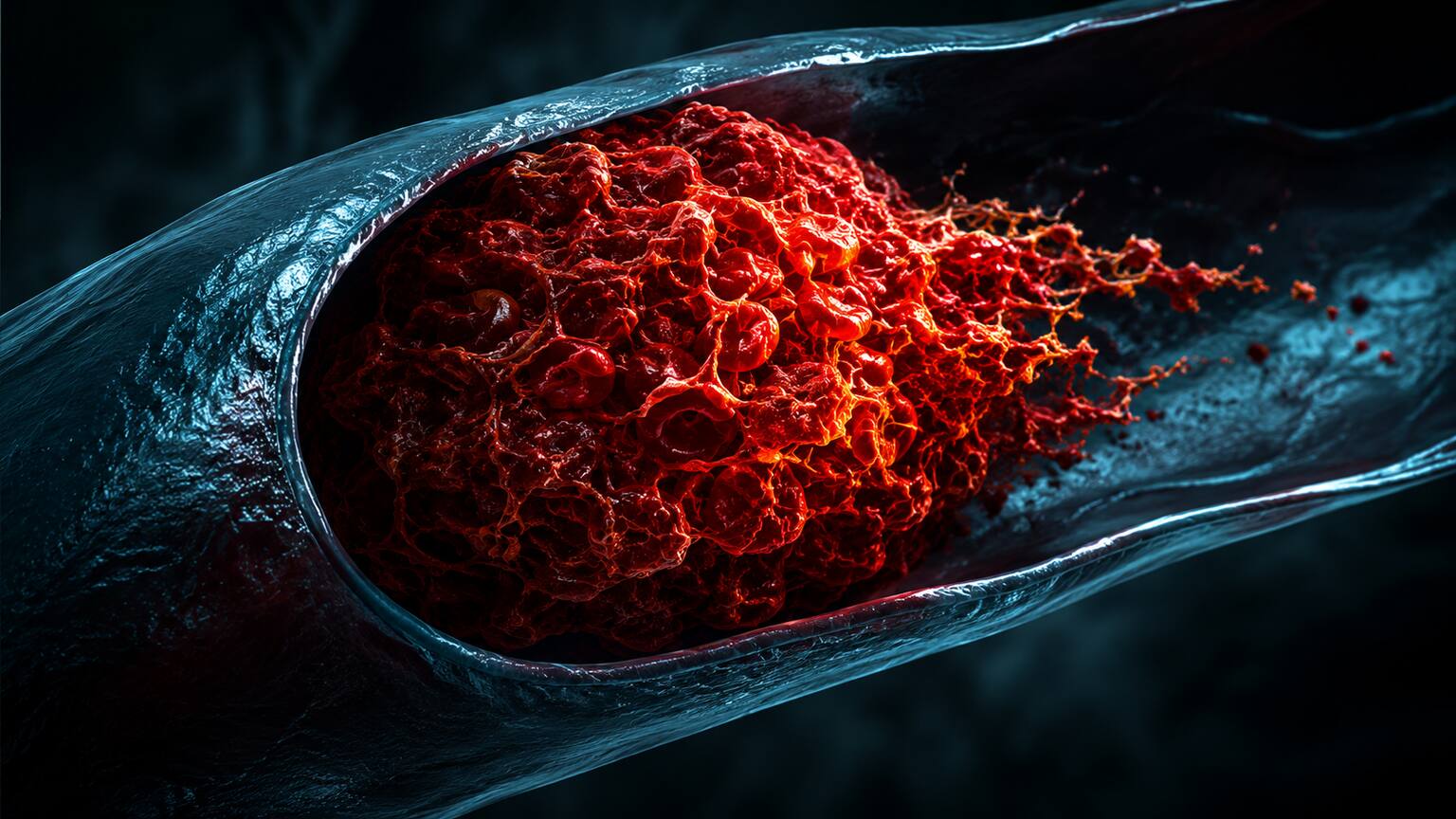 Dramatic high-contrast illustration of a dark red blood clot blocking blood flow inside a glowing vein