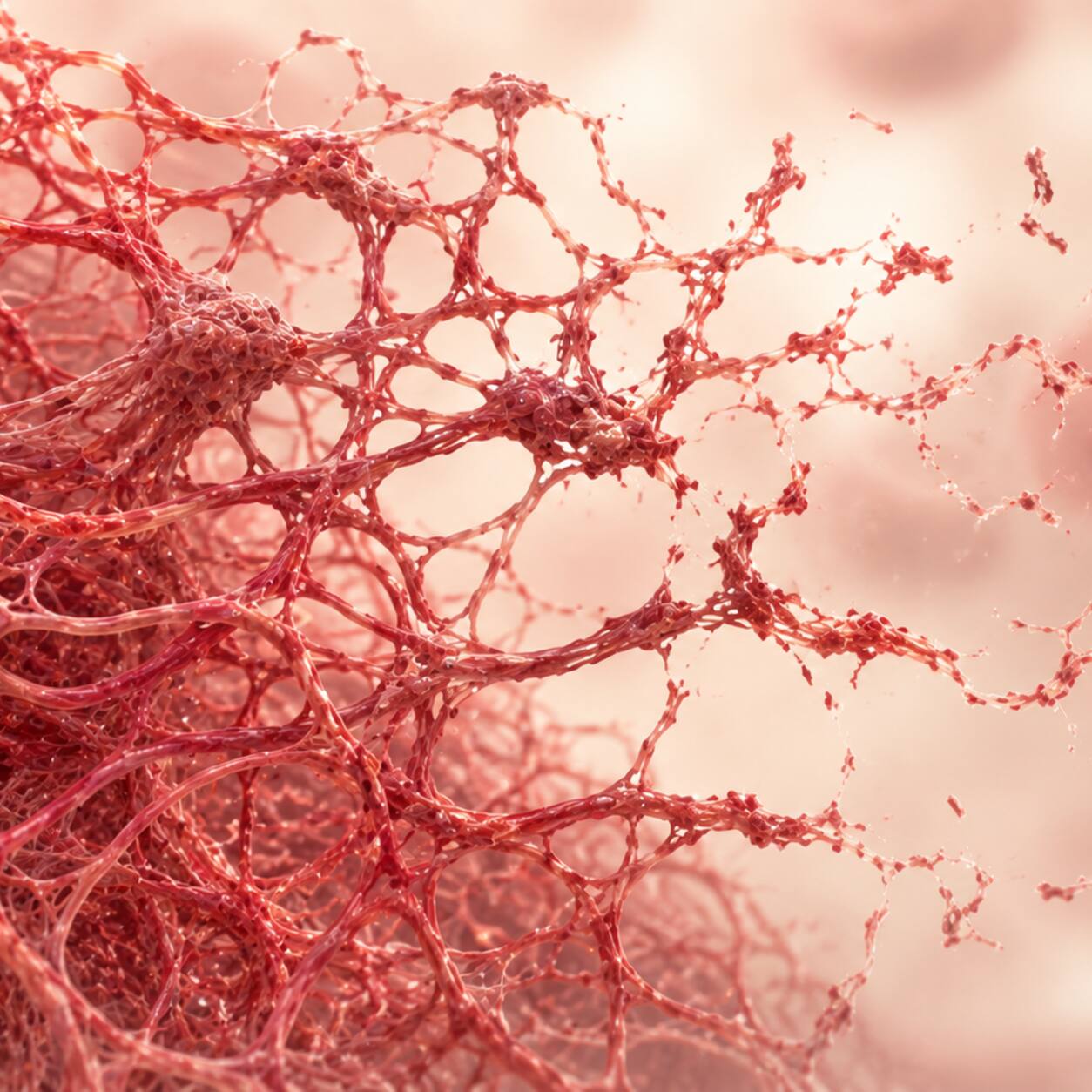Close-up scientific illustration of a fibrin protein mesh strand breaking apart into smaller fragments