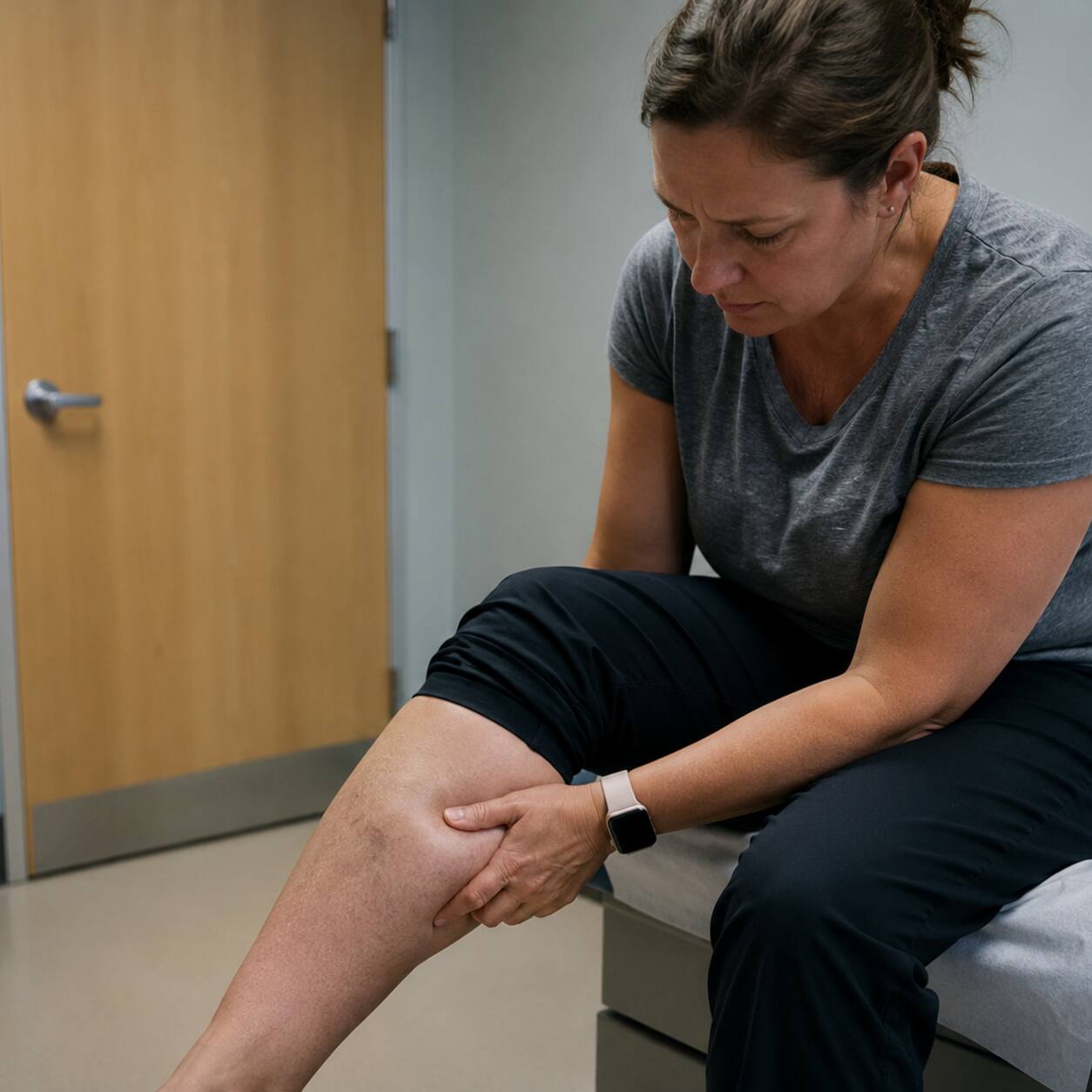 Patient seated on an exam table in a clinical setting, gently pressing on a visibly swollen lower leg