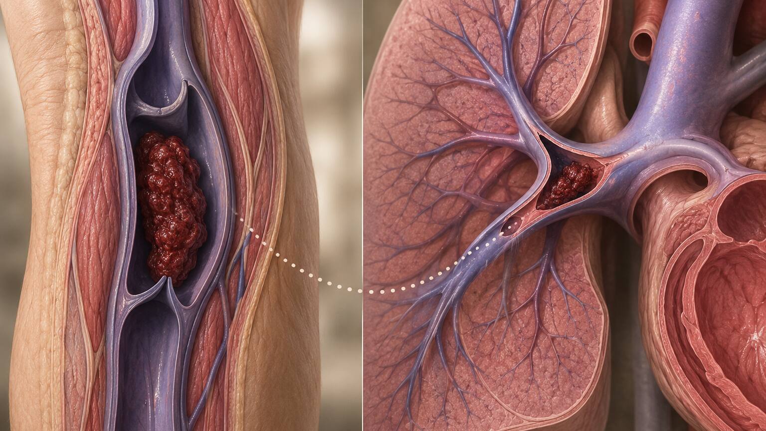 Side-by-side anatomical illustration comparing a leg vein clot with a clot lodged in a lung artery