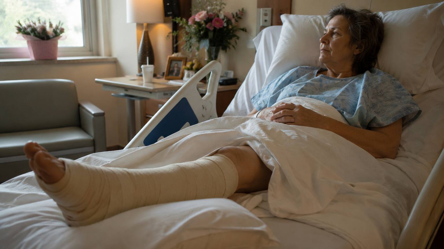 Person resting in a hospital bed with a bandaged, elevated leg during recovery from recent surgery