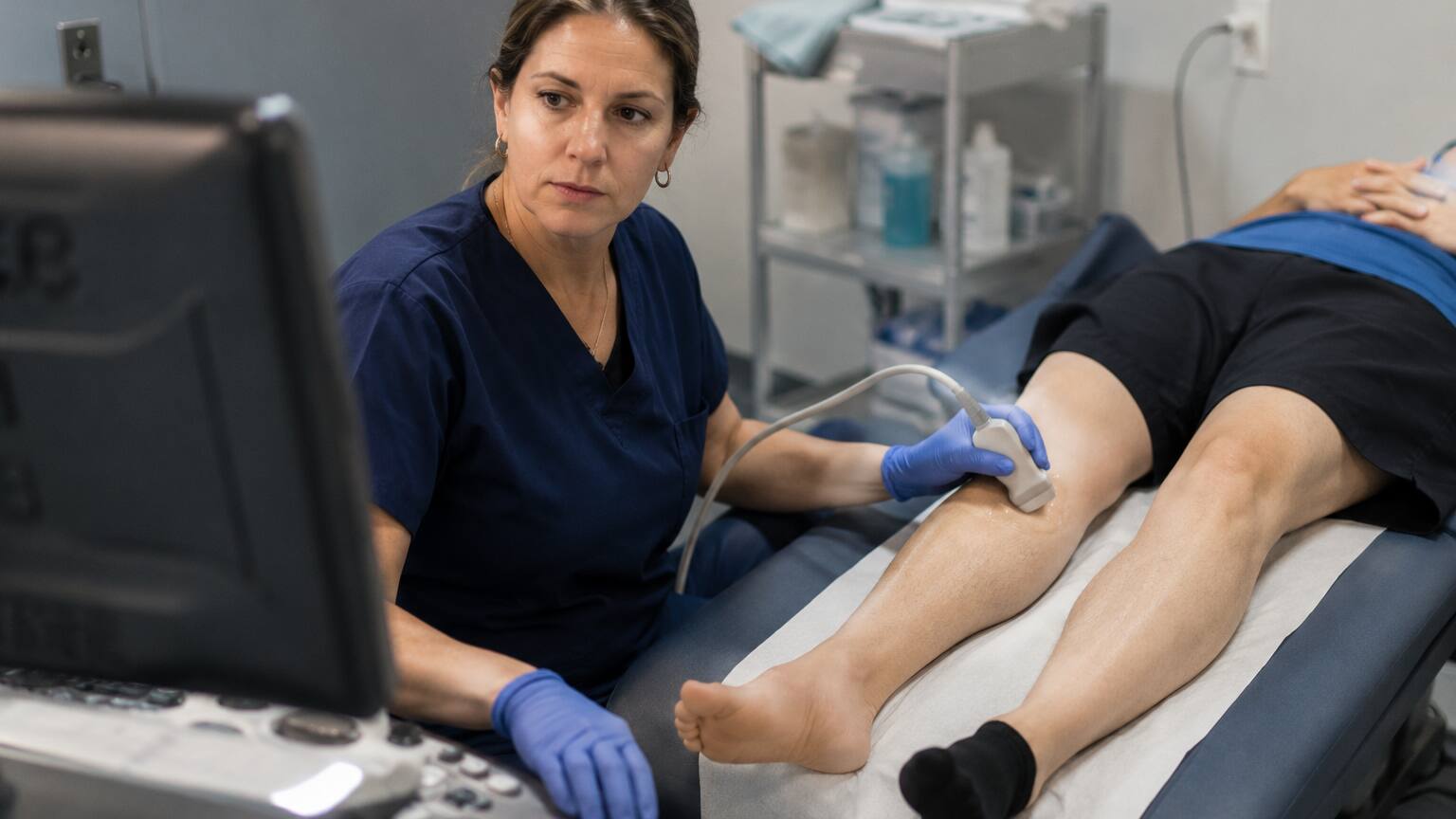 Sonographer performing a compression Doppler ultrasound scan on a patient's leg to check for a blood clot