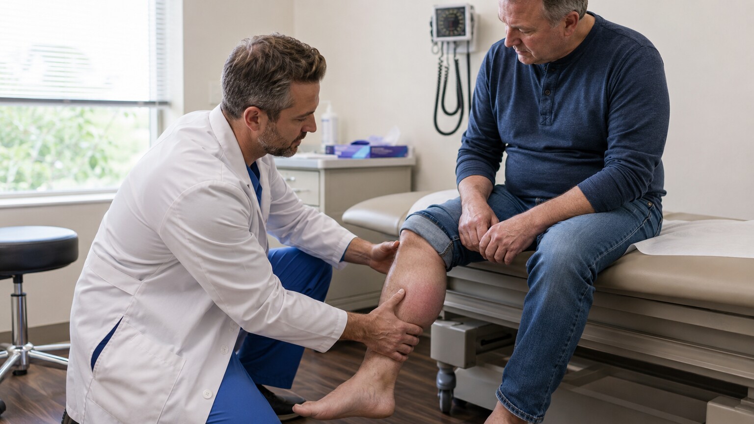 Clinician gently examining a patient's visibly swollen calf and pressing along the leg during a physical exam