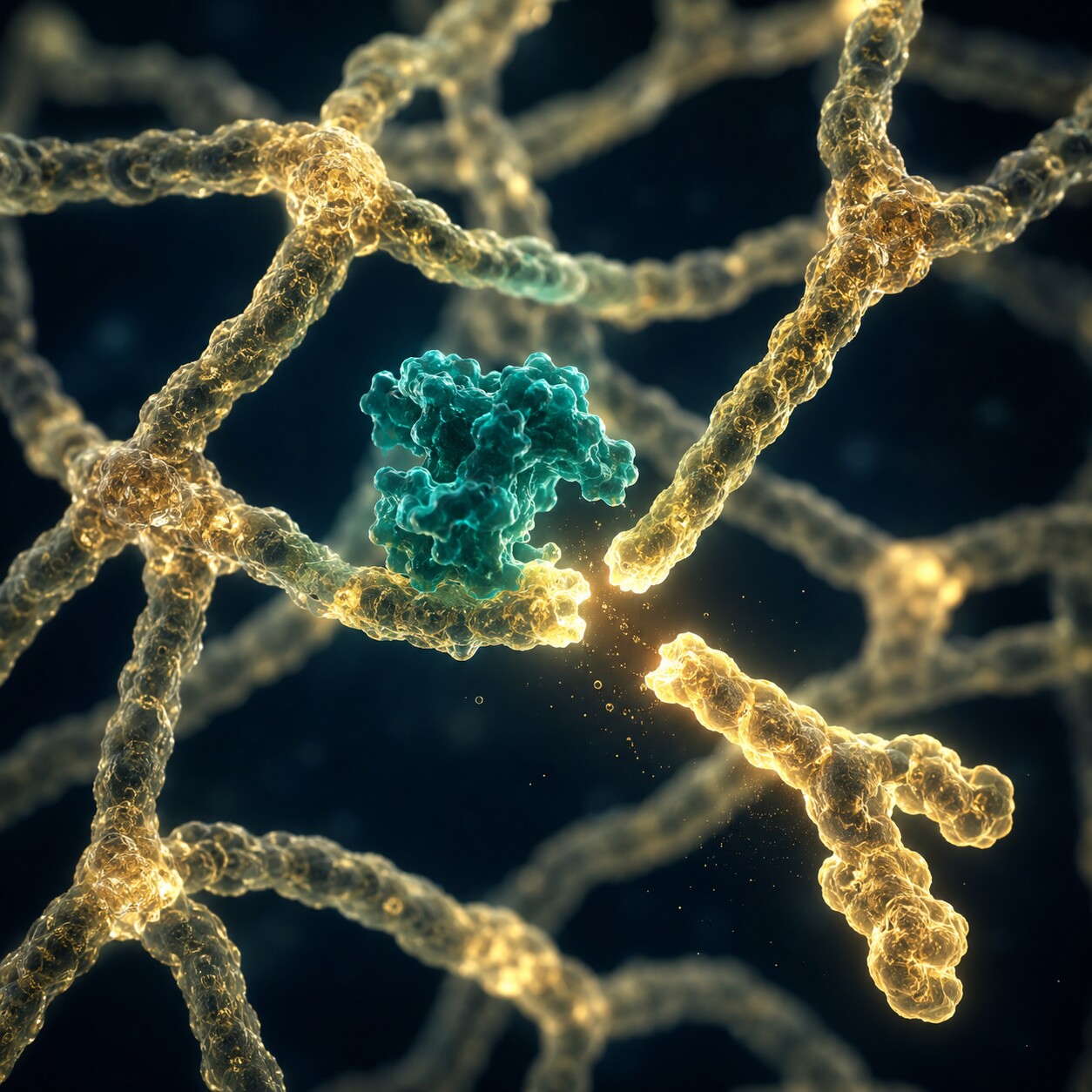 Scientific illustration of a cross-linked fibrin mesh being cleaved by plasmin into a small D-dimer fragment