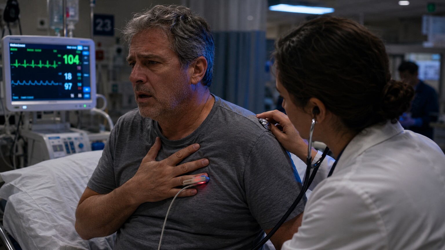 Emergency physician listening to a patient's chest with a stethoscope while the patient sits upright, visibly short of breath, with a pulse oximeter monitor nearby