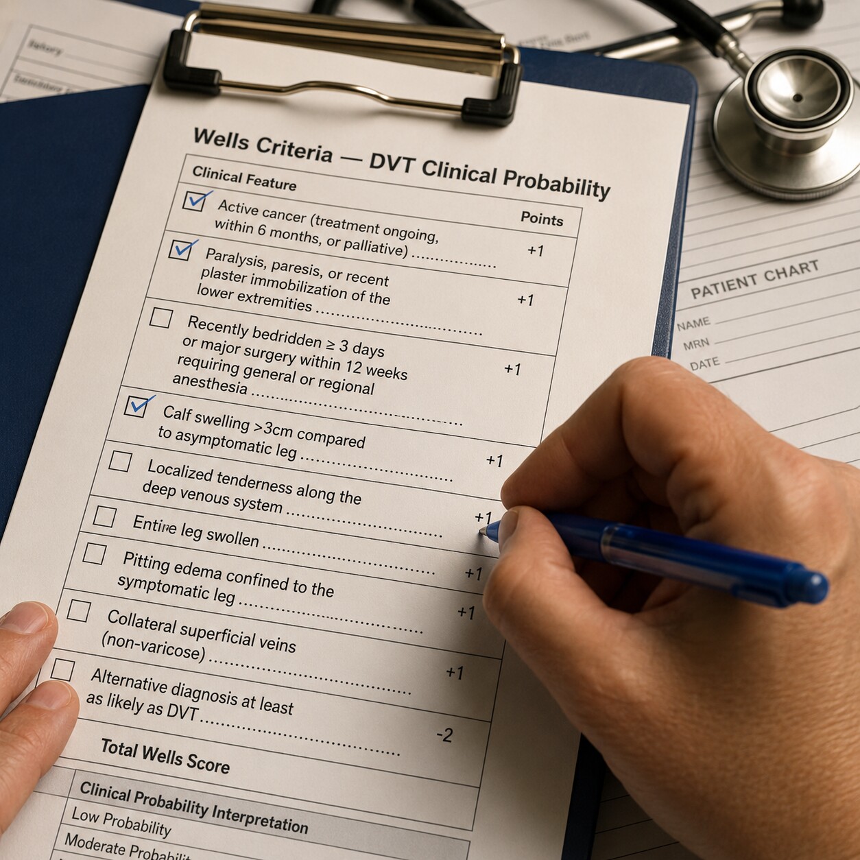 Close-up of a clinician's hands checking off items on a printed Wells clinical probability scoring sheet next to a stethoscope