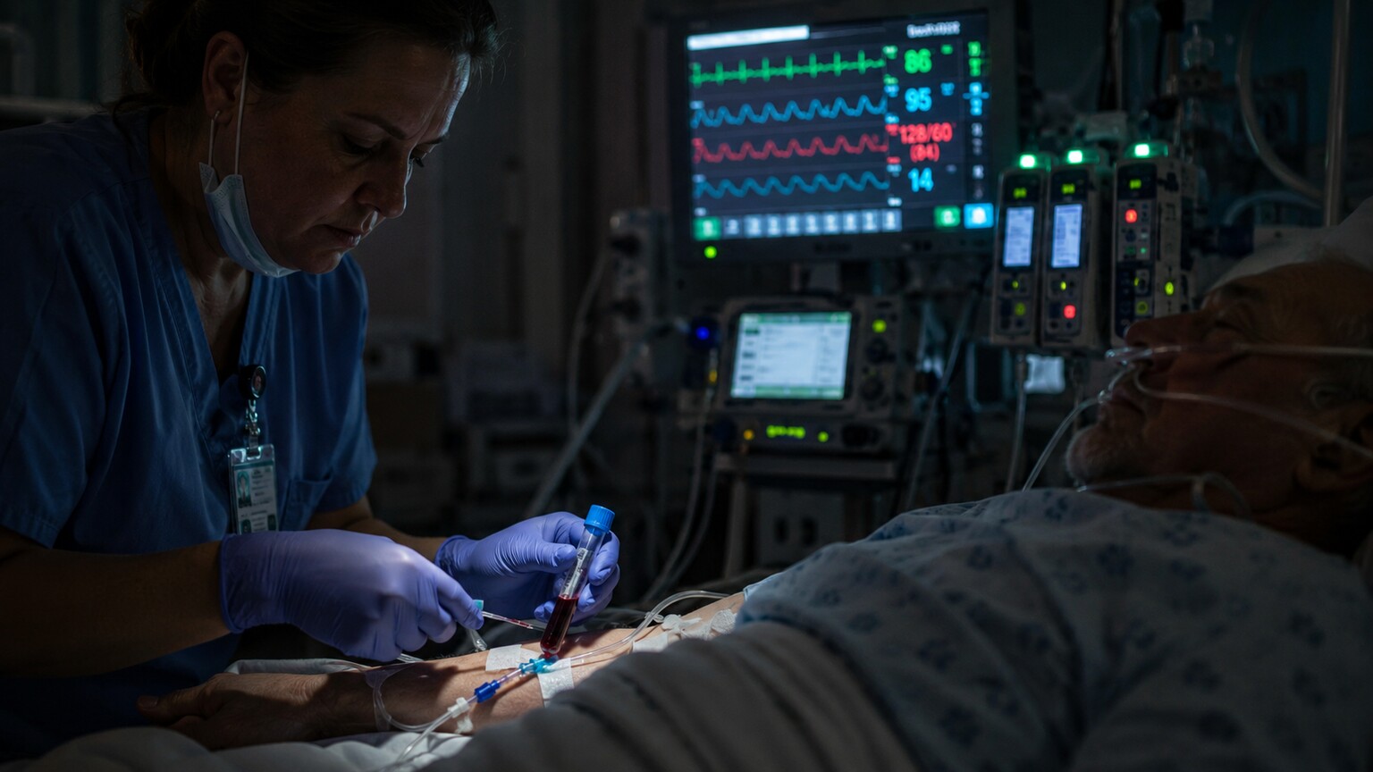 Nurse in an intensive care unit drawing a blood sample from a critically ill patient surrounded by IV lines and bedside monitors