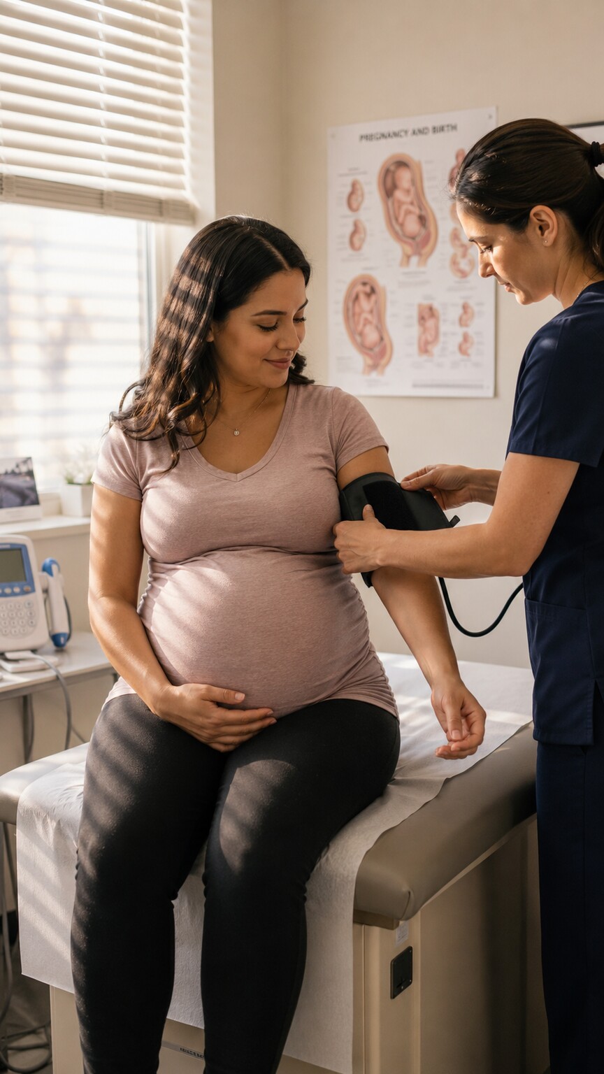 Visibly pregnant patient seated on an exam table while a clinician checks her blood pressure during a prenatal visit
