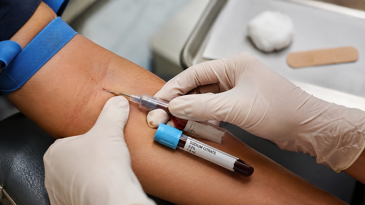 Phlebotomist drawing blood from a patient's arm into a light blue sodium citrate collection tube during a clinical blood draw