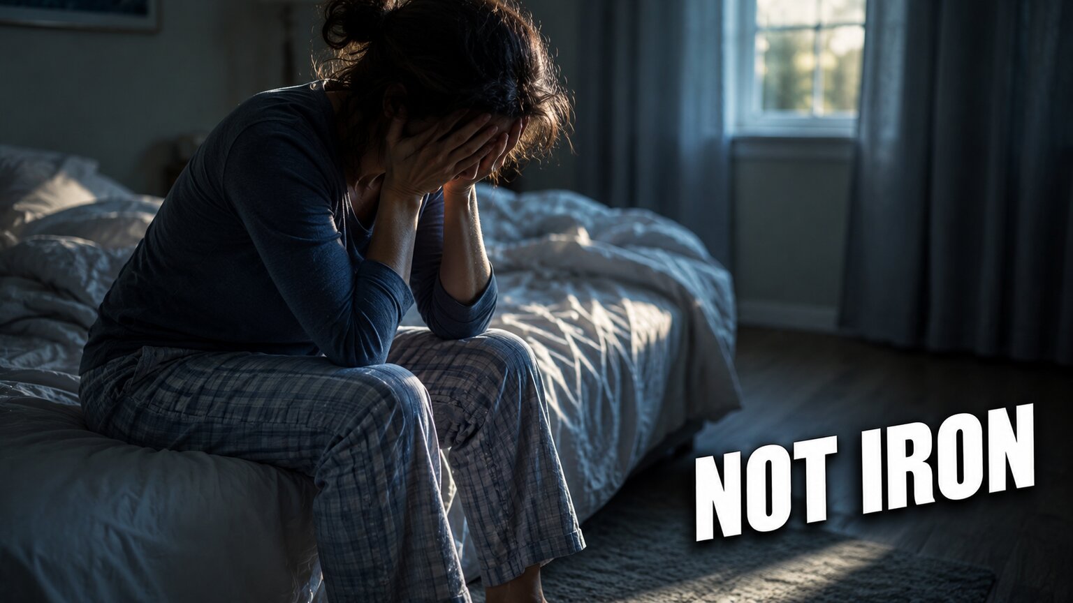 Exhausted person sitting on the edge of a bed at sunrise, head in hands, with bold NOT IRON text overlay