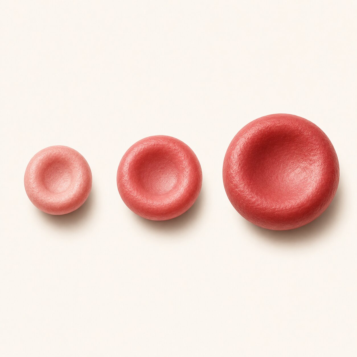 Scientific illustration comparing three red blood cell sizes side by side: small microcytic, normal, and large macrocytic cells
