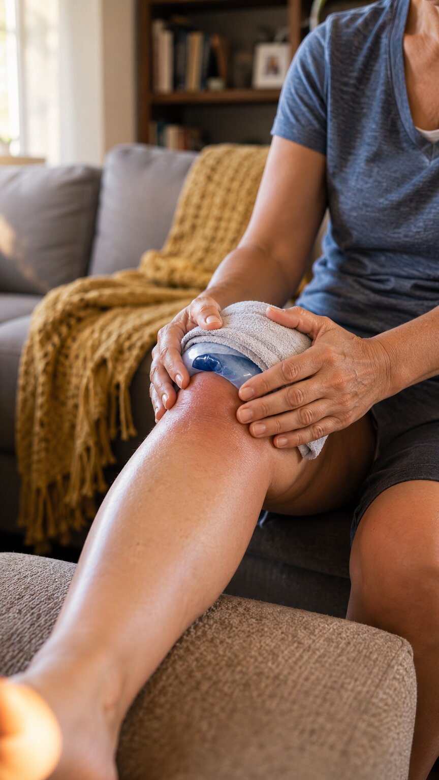 Person at home applying an ice pack to a swollen, inflamed knee joint while sitting on a couch