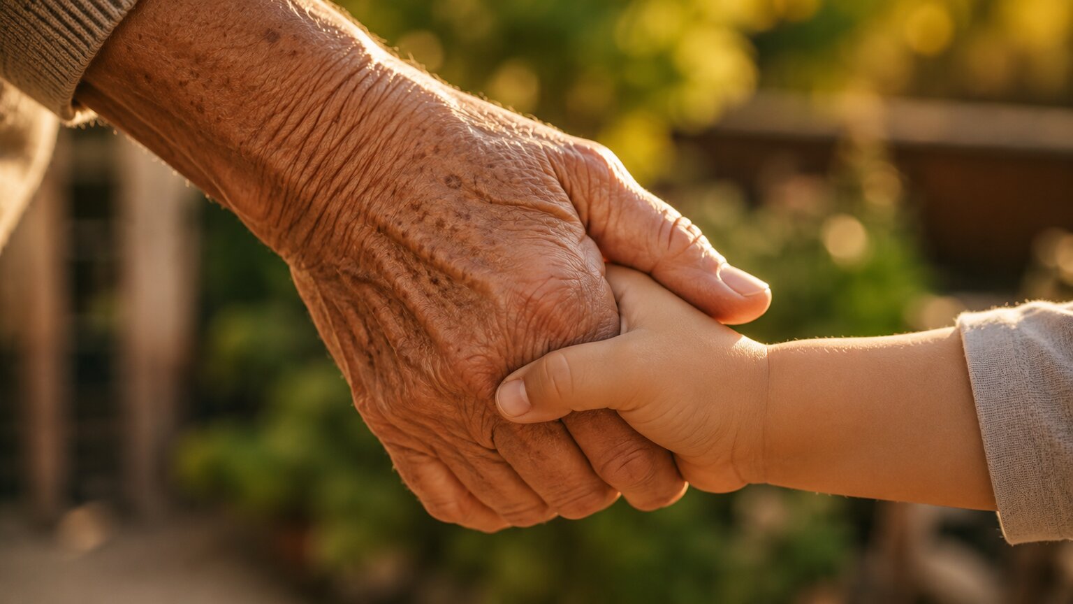 Close-up of an older adult's hand gently holding a young grandchild's smaller hand, representing an inherited condition