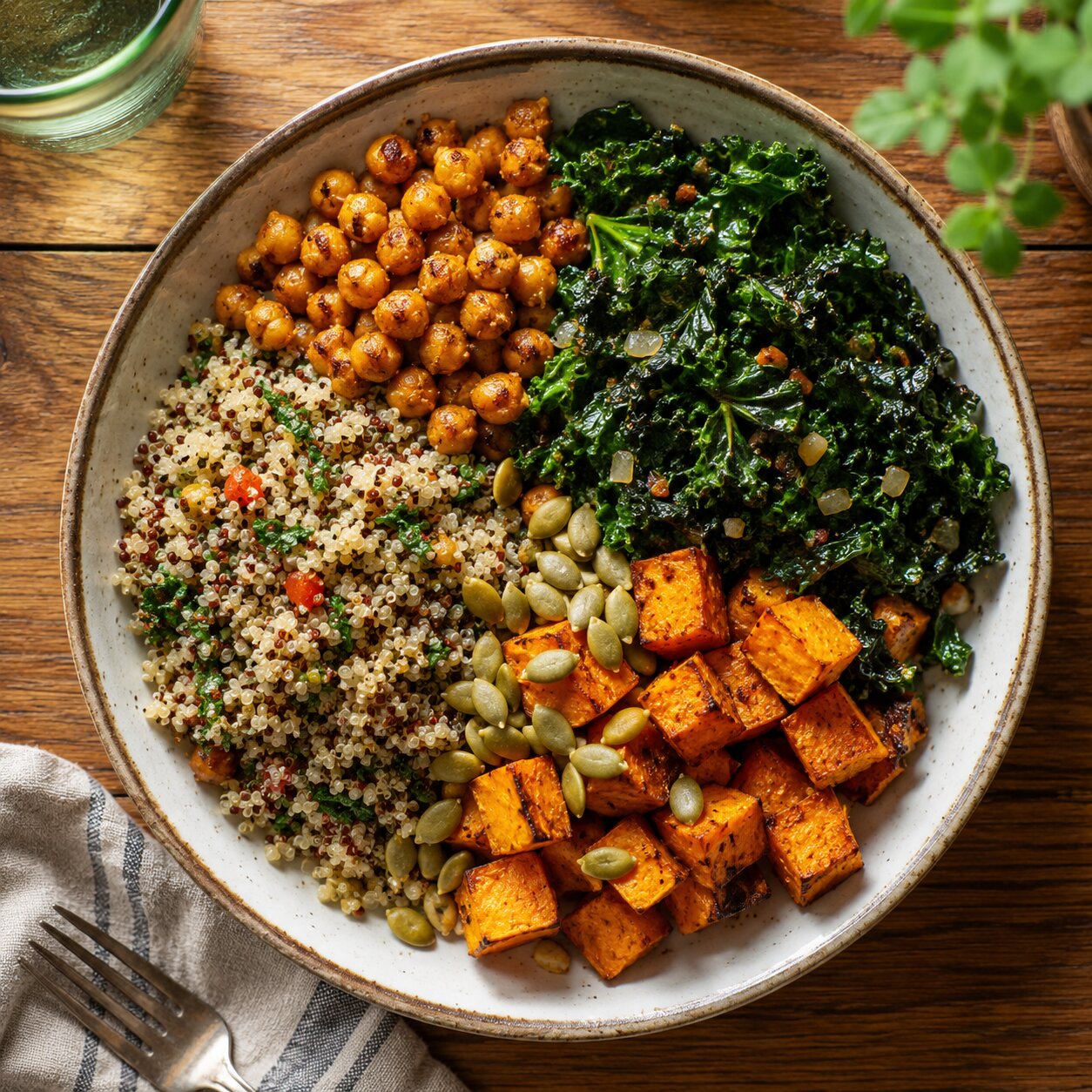 Overhead view of a colorful plant-based meal plate with vegetables, grains, and legumes on a kitchen table