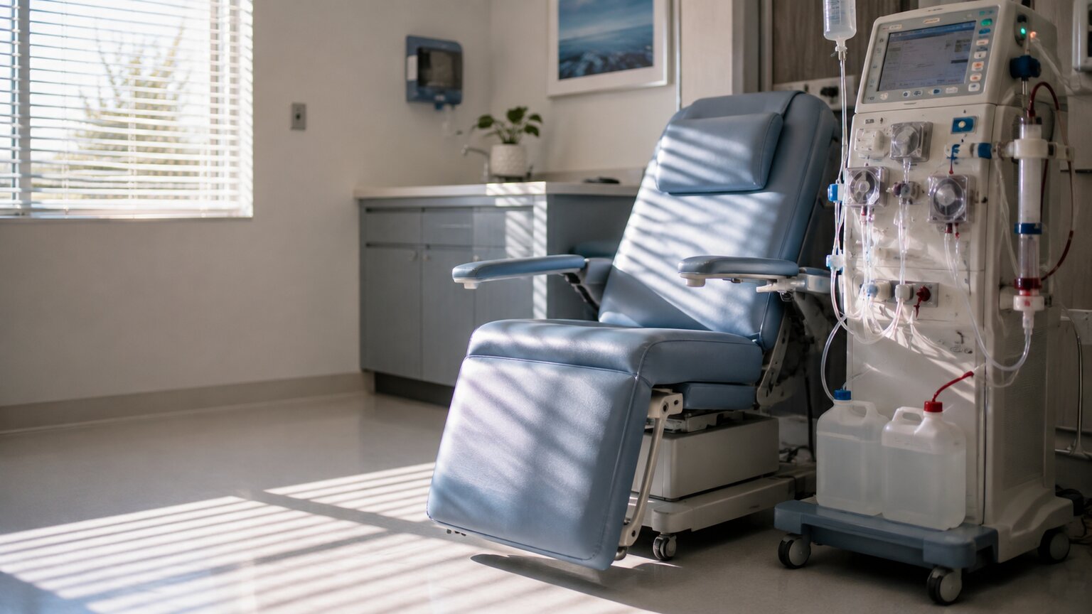 Empty dialysis treatment chair beside quiet clinical equipment in a softly lit outpatient kidney care room