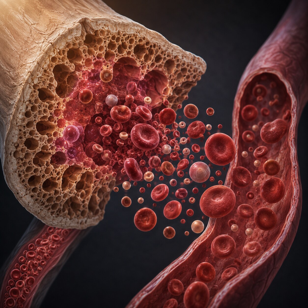 Scientific illustration of bone marrow releasing red blood cells of inconsistent size into a blood vessel