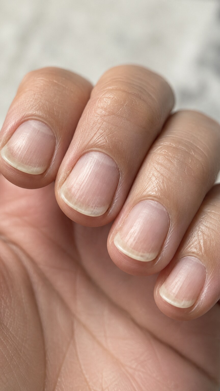 Close-up of pale, slightly spoon-shaped fingernails, a physical sign associated with iron deficiency anemia