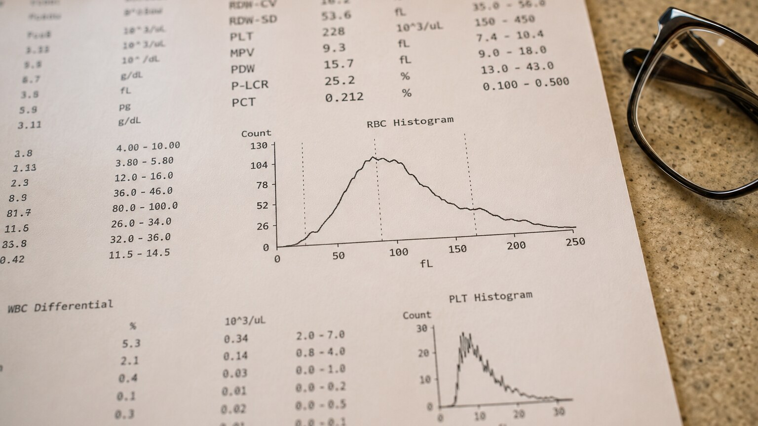 Printed hematology analyzer report showing a wide red blood cell volume histogram curve indicating high size variation