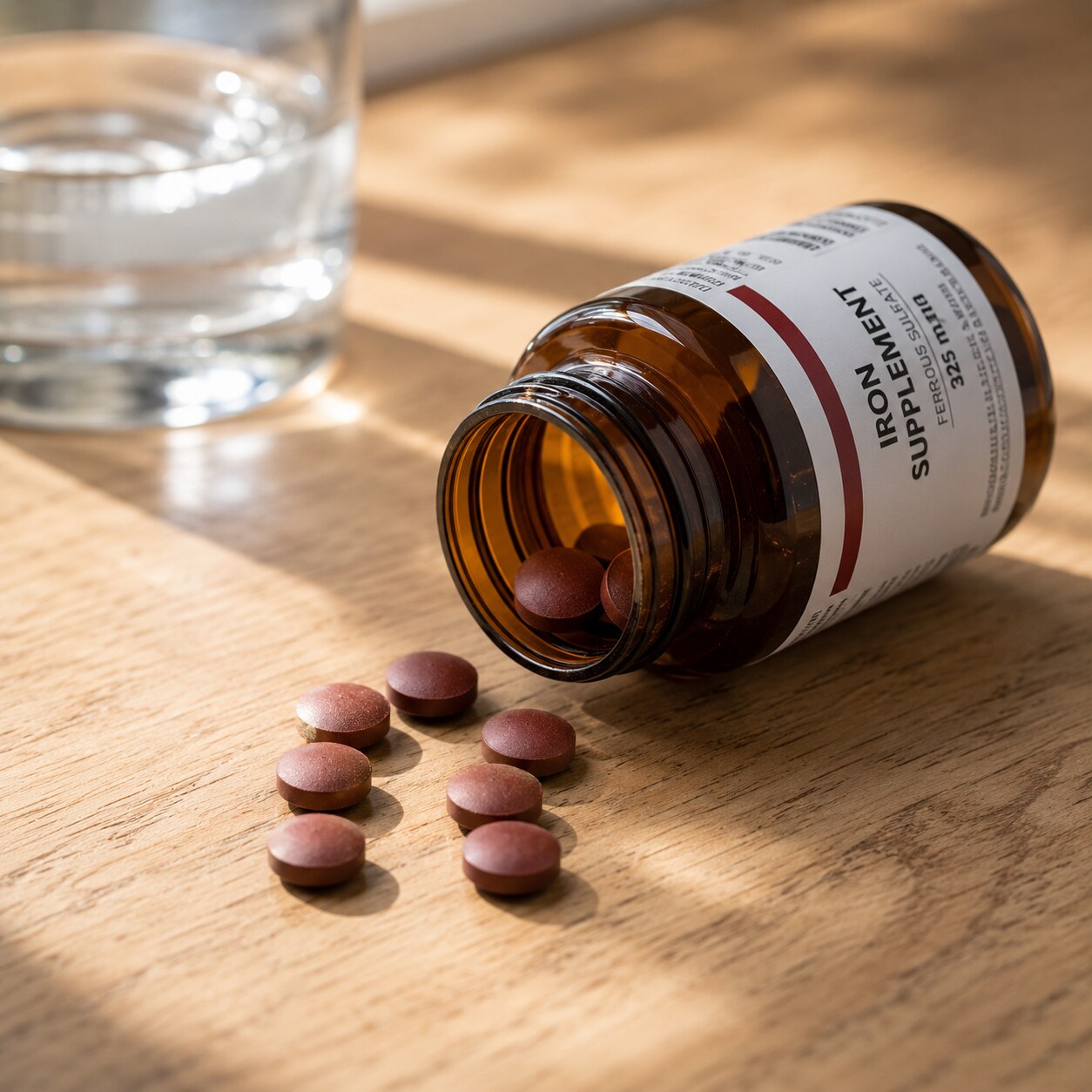 Close-up of an open iron supplement bottle with several tablets spilled onto a kitchen counter