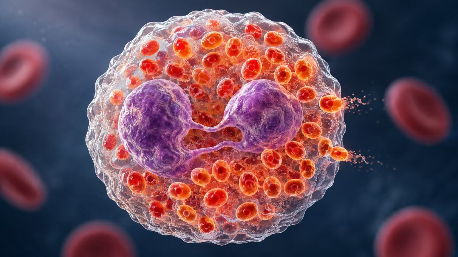 Scientific illustration of an eosinophil cell showing its bilobed nucleus and reddish-orange cytotoxic granules