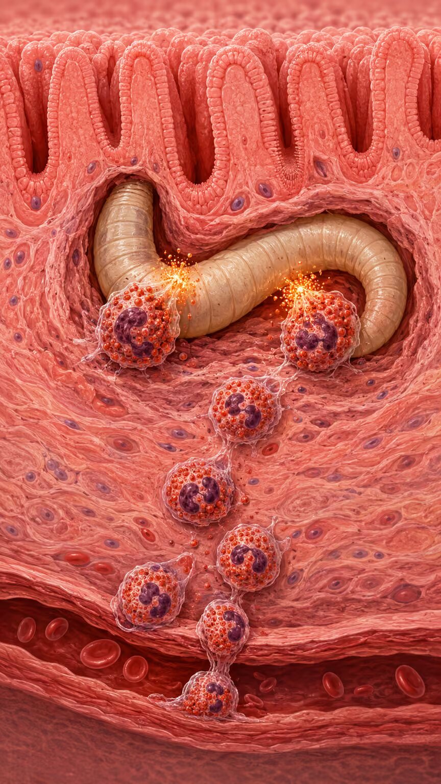 Scientific illustration of eosinophils clustering around and releasing toxic granule contents onto a parasitic larva in intestinal tissue