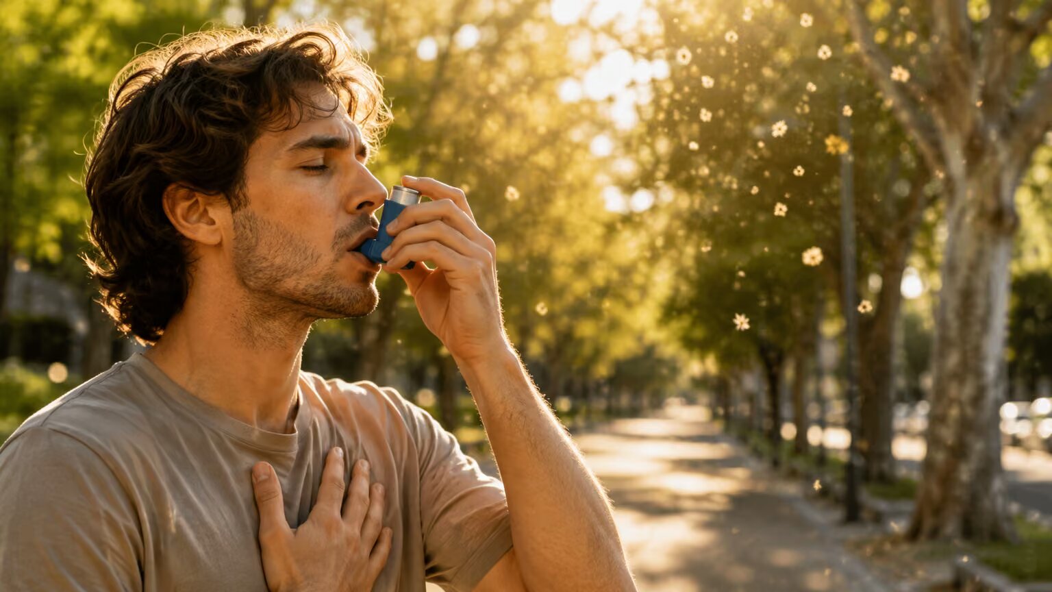 Person using a rescue inhaler outdoors during an asthma flare, a condition closely tied to eosinophil-driven airway inflammation