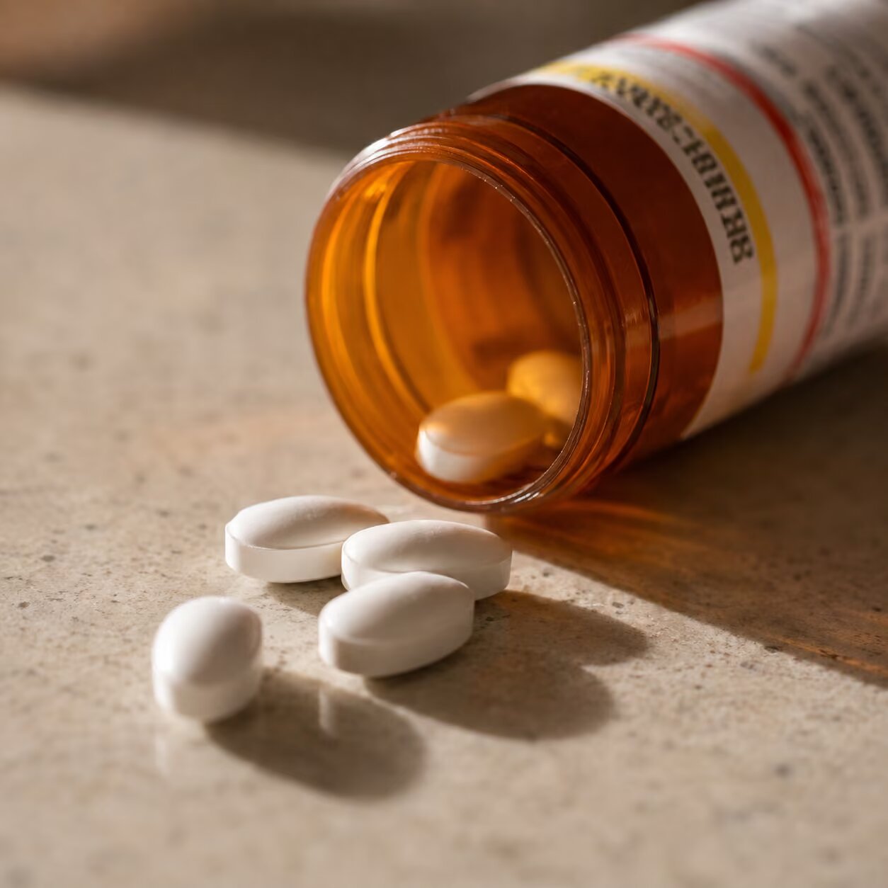 Close-up of an open prescription medication bottle with pills spilled beside it on a counter